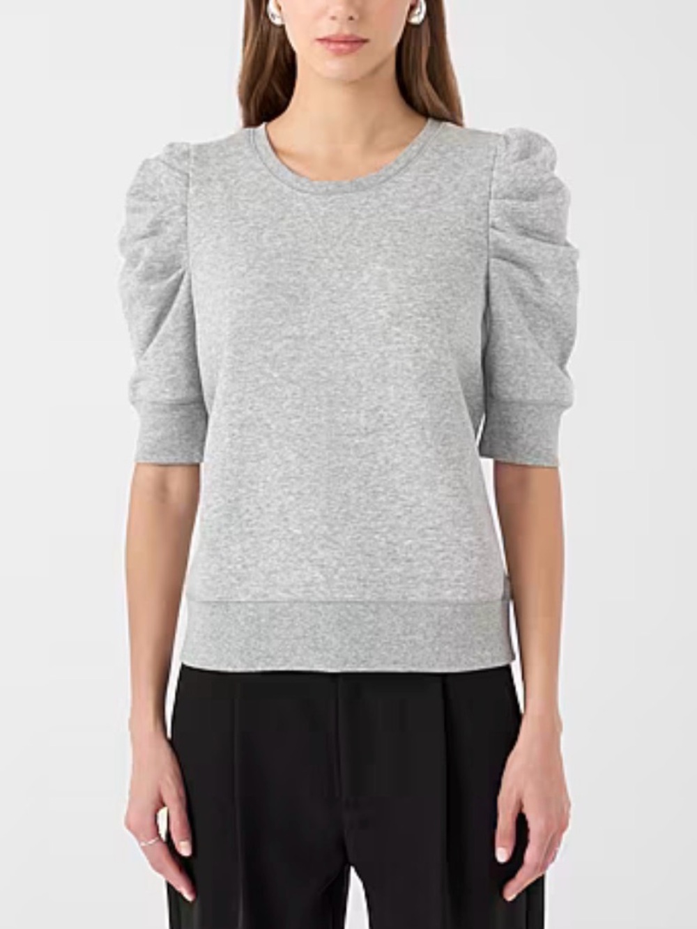 Rebecca Minkoff Women's Gray Cotton Blend Knit Puff Sleeve Crewneck Sweater L